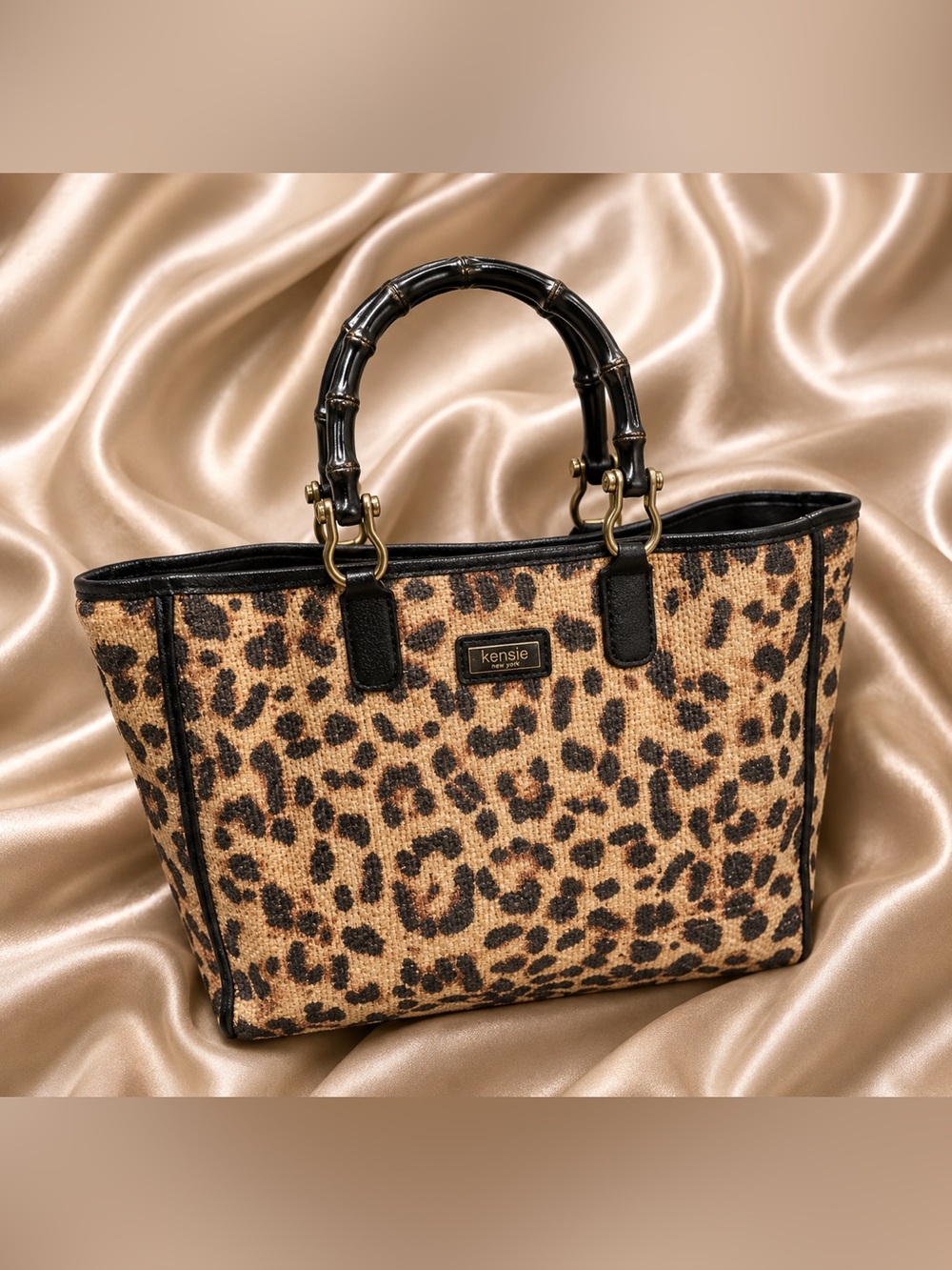 Lilly Pulitzer Leopard Print Rattan Tote Bamboo Handle Satchel Animal Print
